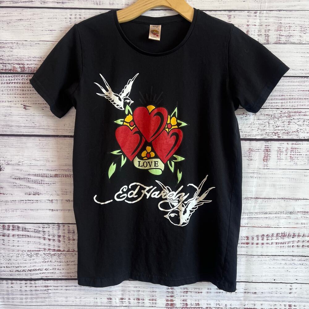 Ed Hardey Kids Only Love Y2K Graphic T-Shirt Black Red Size 16